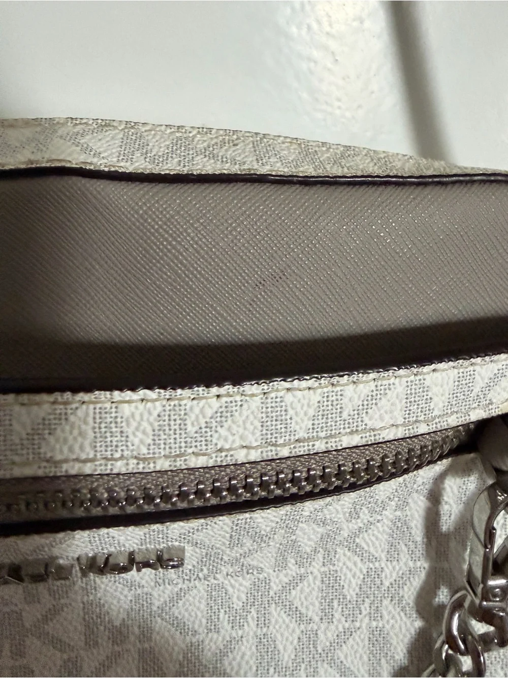 Michael Kors White and Taupe Signature Crossbody with Chain Detail
